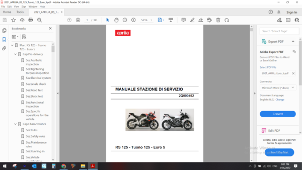 2021 APRILIA RS 125 Tuono 125 Euro 5 DOWNLOAD SERVICE MANUAL PDF