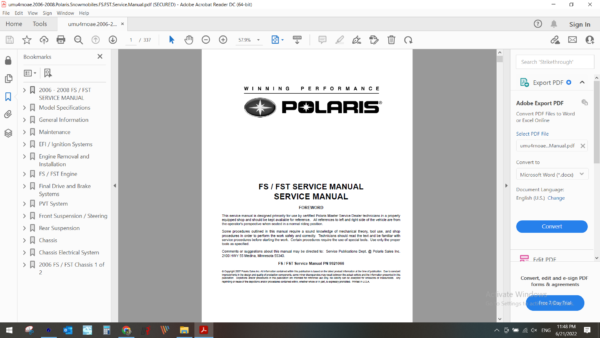 2006 2008 Polaris Snowmobiles FS FST download service manual PDF