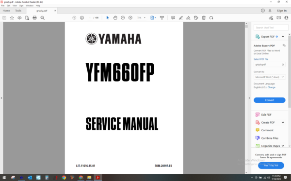 2001 yamaha atv YFM 660 FP grizzly download service manual